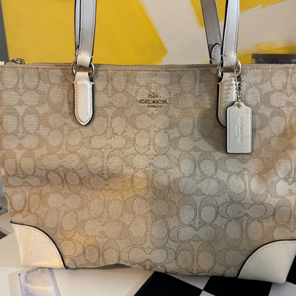 Coach White and Khaki Canvas Small Tote